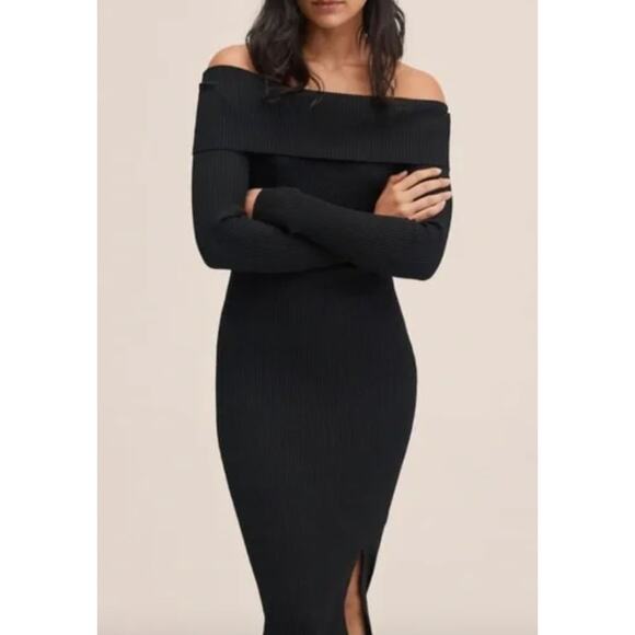 New MNG MANGO Black Off Shoulder Long Sleeve Ribbed Sweater Dress S - Picture 1 of 16